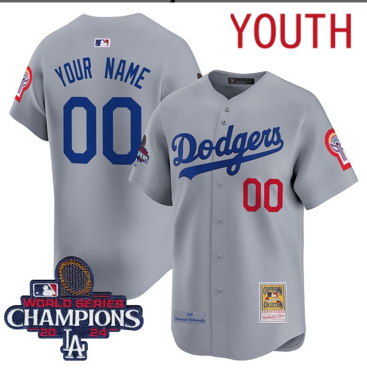 Youth MLB Los Angeles Dodgers Custom grey 2024 World Series Champions Patch Cooperstown Jersey